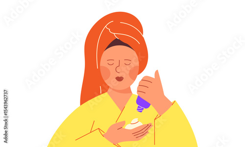 Young girl, woman applying cream to her face. Сosmetik skin care