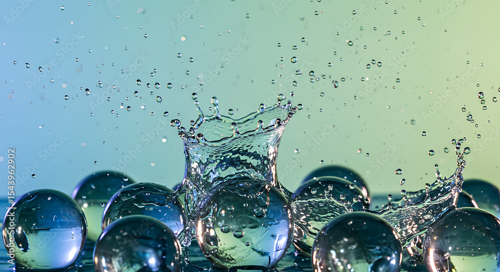 Water Droplets Splashing on Glass Spheres: Dynamic water droplets splashing dramatically onto a cluster of clear glass spheres, creating an artistic explosion of movement and texture against a soft. Water Droplets Splashing on Glass Spheres: Dynamic water droplets splashing dramatically onto a cluster of clear glass spheres, creating an artistic explosion of movement and texture against a soft.