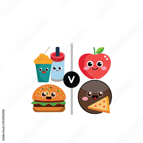 Junk Food vs. Healthy Food A Cute Cartoon Comparison of Dietary Choices