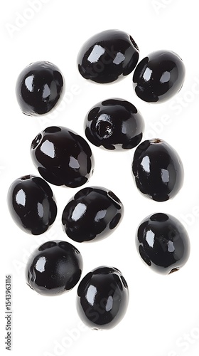 Heap of Shiny Picked Black Olives Floating Isolated on a White Background