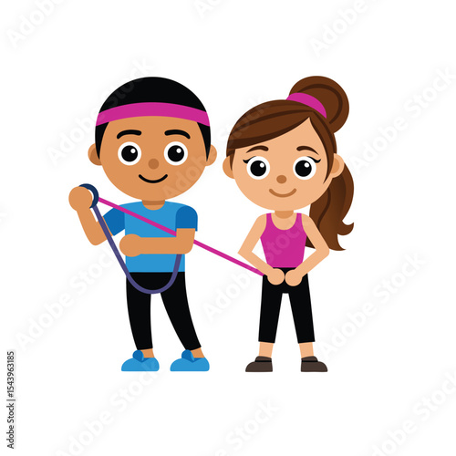 Cartoon illustration of a boy and girl exercising together with resistance band