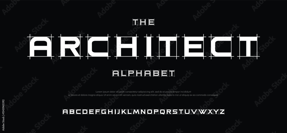 Architect project font, technical draw style alphabet. Geometrical typography. Wireframe letters, typographic design with draft strokes for architecture logo and headline. Isolated vector typeset

