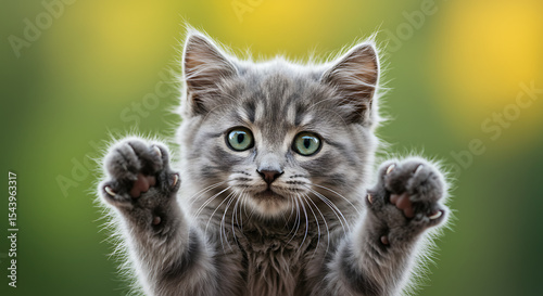 Playful Kitten's Greeting: A close-up shot of a charming gray kitten, raising its paws as if to greet the viewer. The adorable feline gazes with captivating eyes, set against a soft, blurred backdrop.