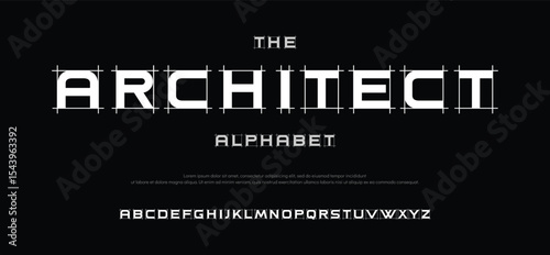 Architect project font, technical draw style alphabet. Geometrical typography. Wireframe letters, typographic design with draft strokes for architecture logo and headline. Isolated vector typeset
