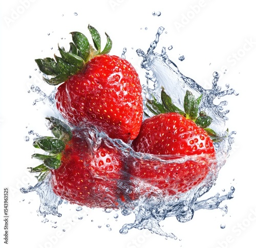 Three ripe, red strawberries submerged in a dynamic water splash against a white background