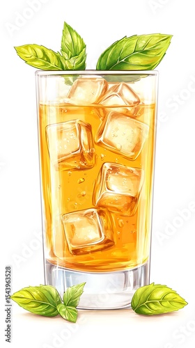 Iced Tea in Glass with Ice Cubes and Fresh Basil, Refreshing Drink on White