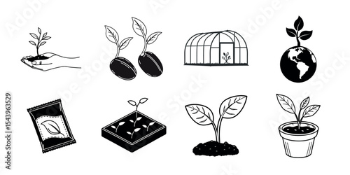 Seedling Growth Icons – Black Silhouette Vector Set of Planting, Gardening, and Eco Concepts