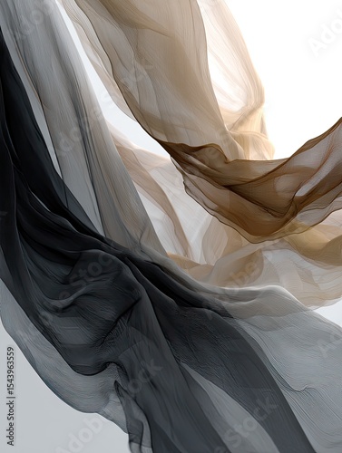 Swirling sheer fabric in shades of grey, brown, and beige against a white background, showcasing its delicate texture and movement