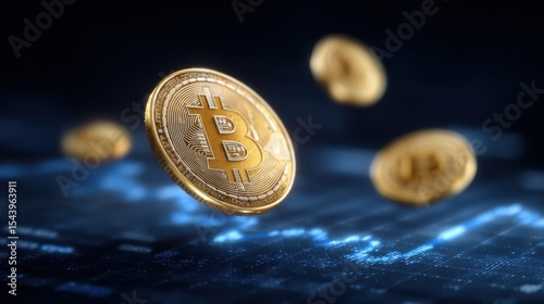 Floating golden bitcoin coins rotating in 3d animation