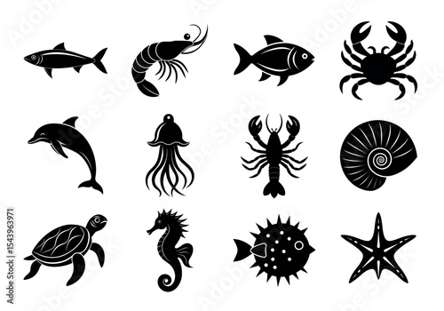 Silhouette Sea Life Icons – Marine Animals and Ocean Creatures Vector Set in Black