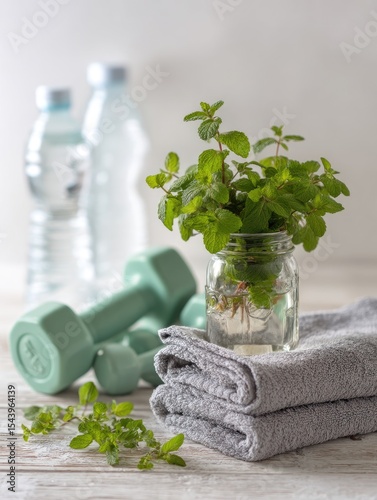Teal dumbbells, gray towels, mint sprigs in a jar, and water bottles on a white surface, suggesting a healthy lifestyle