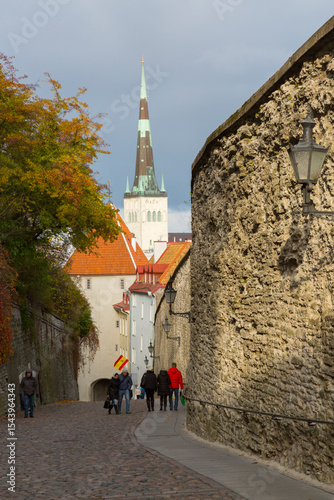 Eastern Europe, Baltic States, Estonia, Tallinn. Old town, city wall and church tower. St. Olaf's Church.