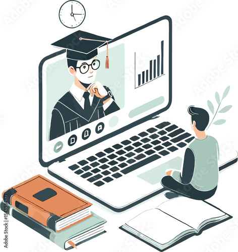 Online learning concept illustration depicting a student attending a virtual graduation ceremony