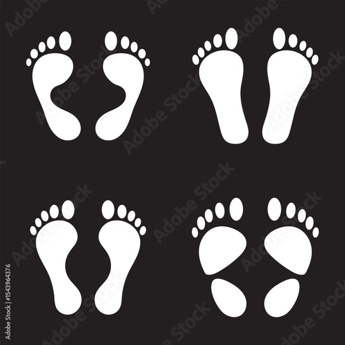 Footprint icons set, barefoot silhouette, shoe sole imprint vector, walking steps symbol, footwear pattern design, black foot shape art, isolated walking icons, sole tracking marks.