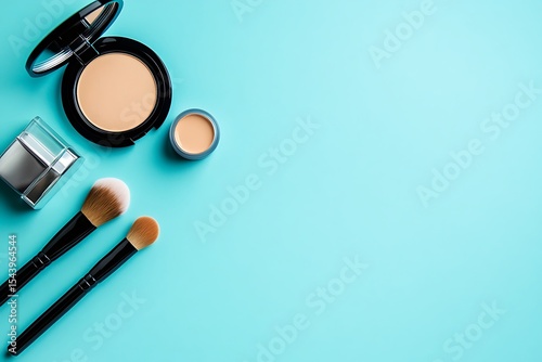 Makeup Powder Compact, Concealer, and Brushes on a Clean Light Blue Surface