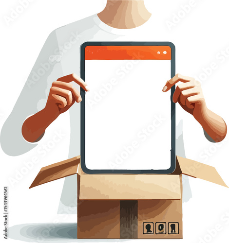 Person holding tablet device mock up design illustration inside of a delivery box