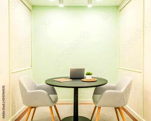 Small private office with round black table and grey chairs