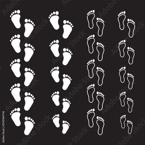 Footprint icons set, barefoot silhouette, shoe sole imprint vector, walking steps symbol, footwear pattern design, black foot shape art, isolated walking icons, sole tracking marks.