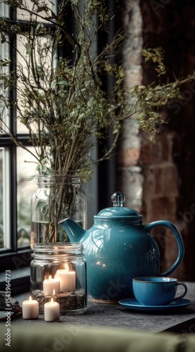 Teal teapot and cup set on a table near a window with candles and greenery
