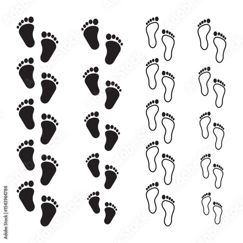 Footprint icons set, barefoot silhouette, shoe sole imprint vector, walking steps symbol, footwear pattern design, black foot shape art, isolated walking icons, sole tracking marks.