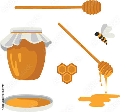 Vector hand-drawn jar of honey, honey dipper, bee, honeycombs illustrations collection. Perfect for product design, web, textile, wallpaper, backgrounds etc.