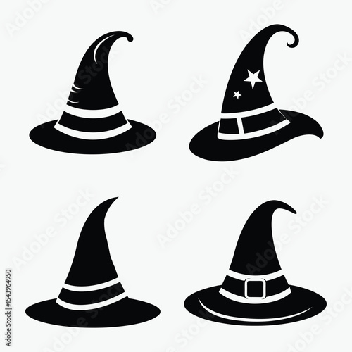 Halloween witch hat silhouette set, curled spooky hat with buckle, silhouette vector art, black and white design, white background