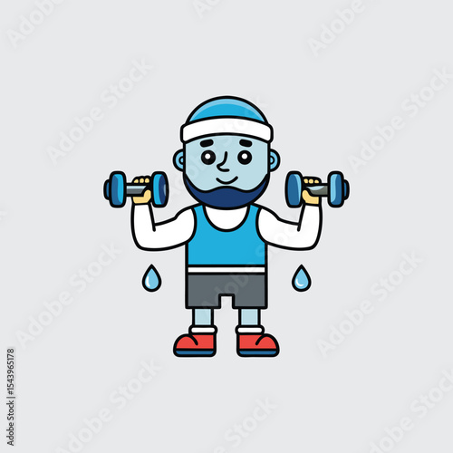 Cartoon Illustration of a Man Exercising with Dumbbells