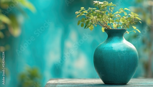 Teal vase holding vibrant green sprig sits on weathered wood against a teal backdrop