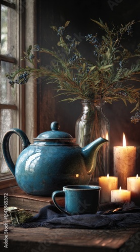 Teal teapot, mug, candles, and wildflowers arranged on rustic wood near a window, bathed in soft, warm light