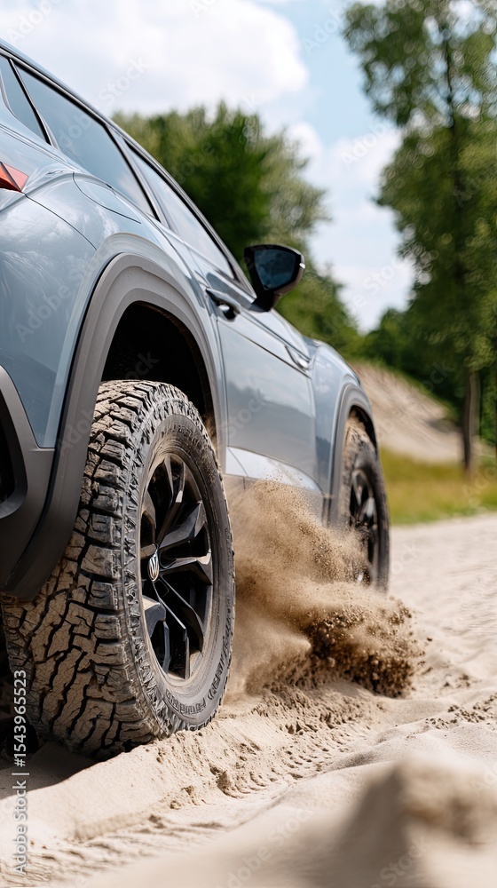 Naklejka premium SUV races across sandy desert landscape, creating spectacular sand splashes with motion blur under striking cinematic lighting conditions