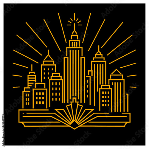 Art  Vintage retro deco city skyline vector, golden line illustration, retro skyscraper silhouette, luxury urban design, editable SVG, poster, logo, commercial use