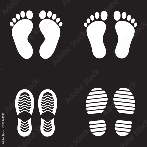 Footprint and shoe print icons set vector illustration on white background.