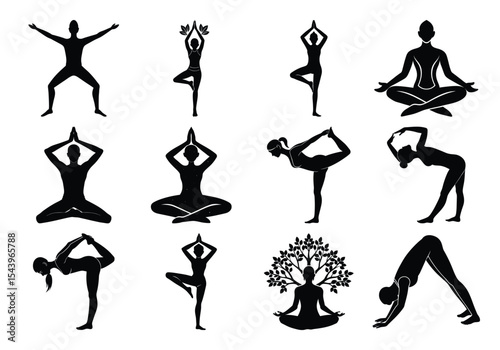 Silhouette people practice yoga set, Silhouette woman practiceing yoga set