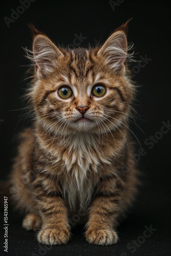 Charming Innocent Kitten Posing Indoors with Adorable Expression – Fluffy Baby Cat Sitting Gracefully in Soft Light – Ideal for Pet Photography, Animal Art, or Wholesome Content Projects