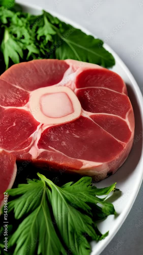 Fresh raw beef osso buco cuts surrounded by vibrant green parsley on a clean white surface, ready for braising and creating a delicious meal.