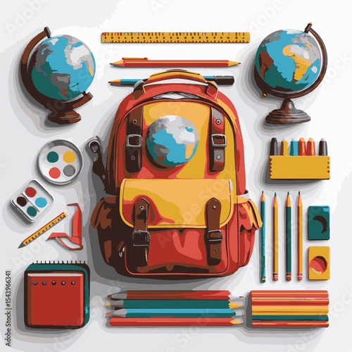 Colorful vector illustrations of school books, pencils, chalkboards and graduation caps design