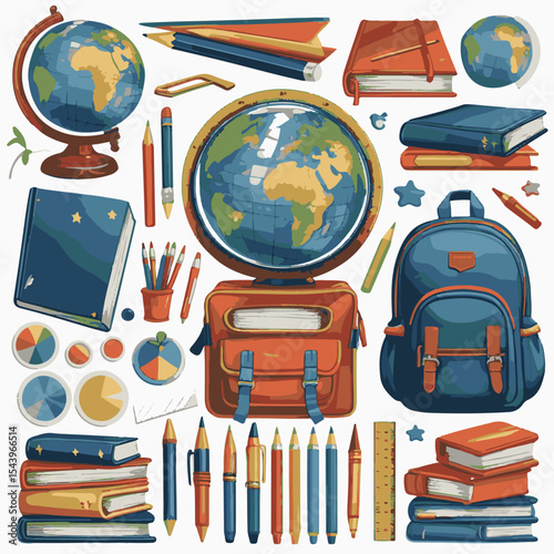 Colorful vector illustrations of school books, pencils, chalkboards and graduation caps design