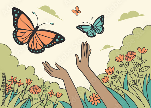 A Gentle Illustration of Hands Releasing Butterflies Into the Open Sky"