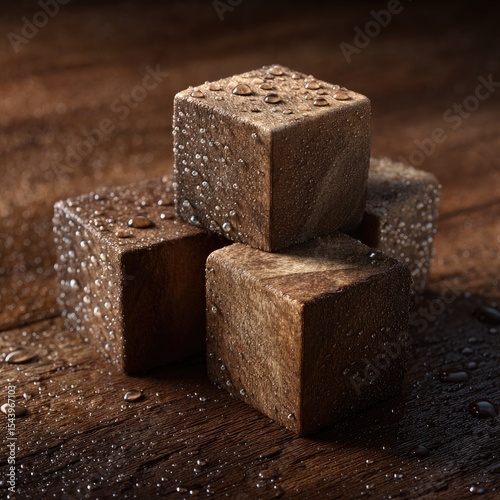 Three dark brown, water-dropped wooden cubes rest atop a rustic wooden surface, illuminated with dramatic lighting