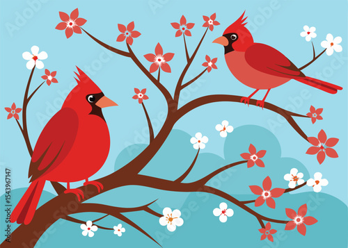 Northern Cardinal Pair Perched in Blossoming Crab Apple Tree in Early Spring in Louisiana