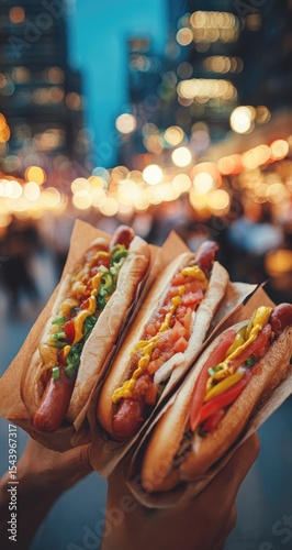Three delicious hot dogs, nestled in brown paper, are held aloft against a vibrant, blurred city backdrop at night