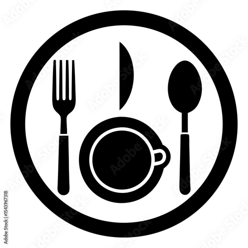 Simple Black and White Icon of Fork, Knife, Spoon, and Plate Dining Symbol