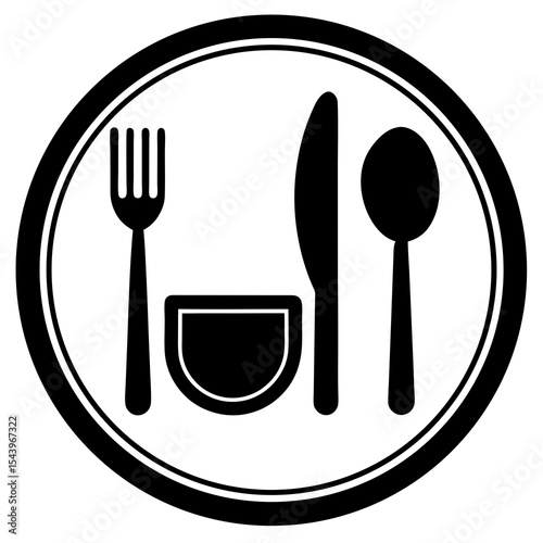 Simple Black and White Illustration of Cutlery Fork, Knife, Spoon, and Bowl