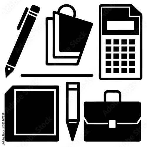 Essential Office Supplies Pens, Pencils, Calculator, Notepad, and Briefcase Icons