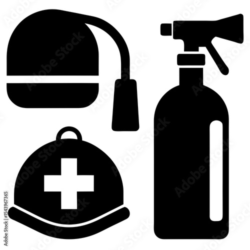 Safety icon.Safety Equipment Icons Fire Extinguisher, Helmet, and First Aid Hat