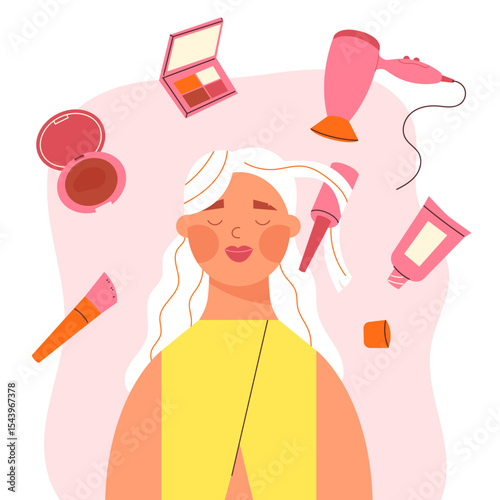 cosmetik skin care. Concept of self-care, cosmetology, make-up. Young girl with make-up and hairstyle