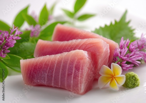 Three glistening slices of raw tuna sashimi artfully arranged on a white plate, garnished with vibrant pink flowers, green leaves, and a dab of wasabi