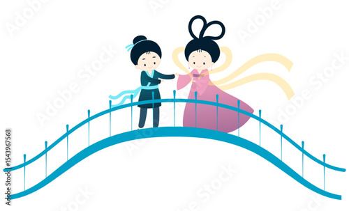Qixi Festival, Tanabata lovers meeting on magpie bridge kawaii characters illustration, isolated vector. Hand drawn cute flat style design. Traditional Chinese holiday element. China Valentines Day