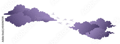 Qixi Festival magpie bridge, flying birds, fluffy clouds illustration, isolated vector. Hand drawn flat style design. Traditional Chinese holiday clip art element. China Valentines Day