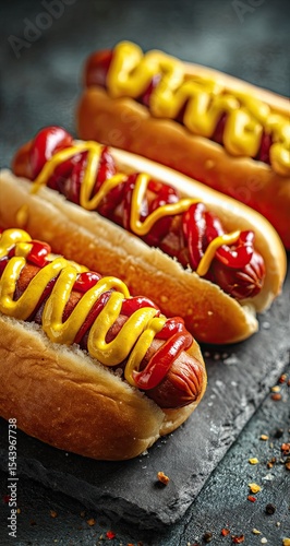 Three hot dogs in buns, topped with ketchup and mustard, on a dark slate serving board